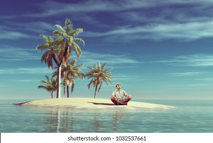 Young Man Relax On A Small Tropical Island.