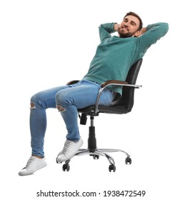 Young Man Relaxing In Comfortable Office Chair On White Background