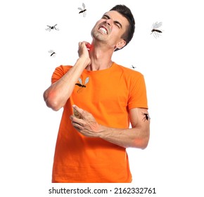 Young Man With Repellent And Mosquito Swarm On White Background