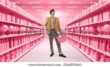 Young man in retro style clothes holding cartboard box went out window shopping. Black Friday sales. 3D model of supermarket. Concept of shopping, hypermarket, purchasing. Copy space for ad