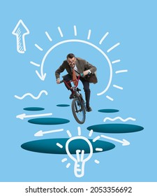 Young Man Riding On Bike And Generate New Business Ideas. Contemporary Art Collage. Concept Of Finance, Economy, Professional Occupation, Business And Career. Surrealism, Minimalism