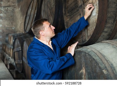 Young man in robe checking ageing barrel process of wine