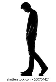 Young Man Sad Walking Silhouette In Studio Isolated On White Background