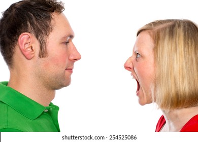 Young Man Scream At So His Wife In Front Of White Background