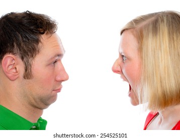 Young Man Scream At So His Wife In Front Of White Background