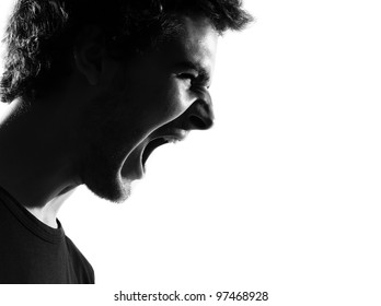 Young Man Screaming Angry Portrait Silhouette In Studio Isolated On White Background