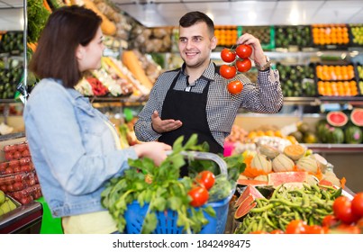 Portrait Smiling Colleagues Fresh Vegetables Supermarket Stock Photo ...