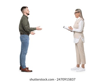 Young man and senior woman talking on white background. Dialogue - Powered by Shutterstock