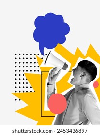 Young man shouting in megaphone, making big announcement and engaging the audience. Contemporary art collage. Influencer. Concept of business, public relations, marketing and management
