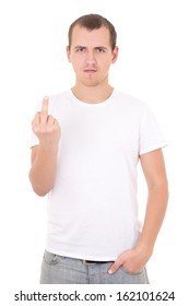 Young Man Showing Middle Finger Isolated On White Background