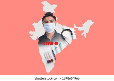 Young man showing protective mask over india map background again Covid-19. corona virus.