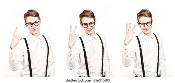 Young Man Shows One Two Three Fingers