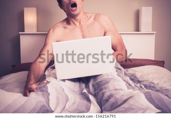 Young Man Sitting Bed Watching Pornography Stock Photo Edit N