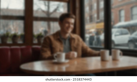 A young man sitting in a café by the window, enjoying a coffee and smiling. Perfect for cozy moments, cafes, and casual urban lifestyle content - Powered by Shutterstock