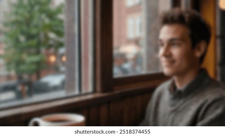 A young man sitting in a café by the window, enjoying a coffee and smiling. Perfect for cozy moments, cafes, and casual urban lifestyle content - Powered by Shutterstock