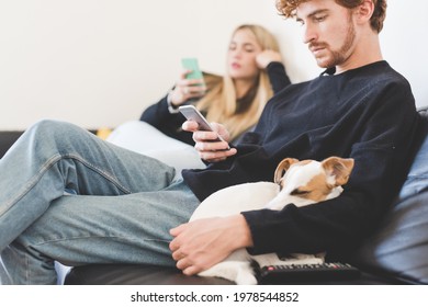 Young Man Sitting Couch Indoor At Home Using Smartphone With Jack Russel Dog Sleping On His Arms