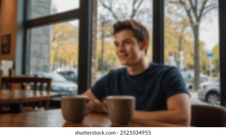 A young man sitting in a cozy café, enjoying a relaxed moment with two cups of coffee in front of him. The outside scene visible through the large windows adds a peaceful ambiance. - Powered by Shutterstock