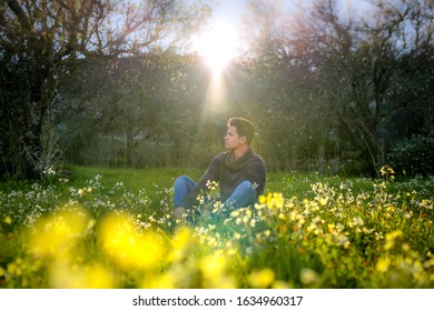 Young man sitting in a field of wild flowers, turns to look to his right. Behind him, the sun illuminates the scene