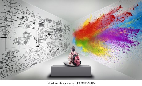 Young Man Sitting In A Room Divided By Brain Hemispheres.Creative Half And Logical Half.