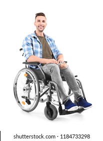 Young Man Sitting In Wheelchair On White Background