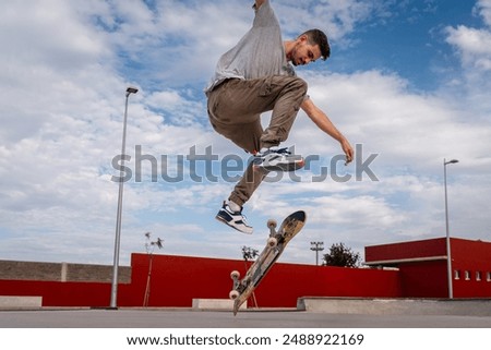 Similar – teenager practicing with skateboard at sunrise city