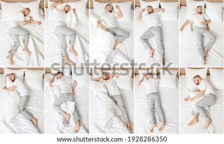 Young man sleeping in different positions in bed