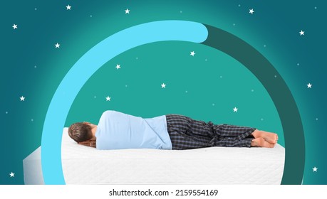 Young Man Sleeping On Mattress Against Color Background, Back View. Healthy Circadian Rhythm And Sleep Habits