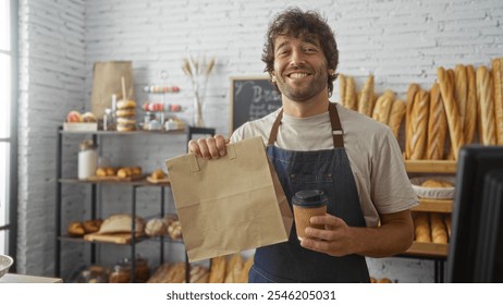 Young man smiling in a bakery holding a paper bag and coffee cup in a cozy interior shop setting with fresh bread on shelves in the background - Powered by Shutterstock