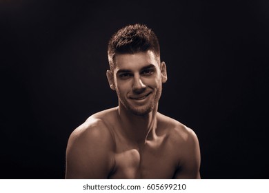 Young Man Smirk, Headshot Face Head, Closeup, Black Background