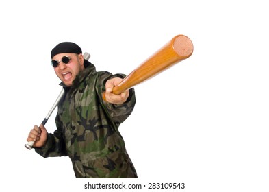 Young man in soldier uniform holding bludgeon isolated on white - Powered by Shutterstock