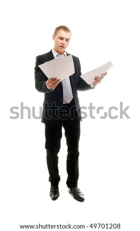 Young man with some documents. Isolated on white.