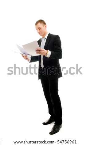 Young man with some documents. Isolated on white.