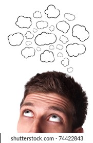 Young man with Speech Bubbles over his head, isolated on white background