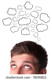 Young man with Speech Bubbles over his head, isolated on white background