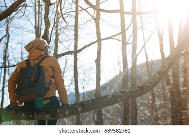 Young man standing in the forest and exploring, freedom and nature concept