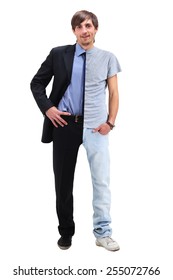 Young Man Standing Half In A T-shirt  And Business Clothing