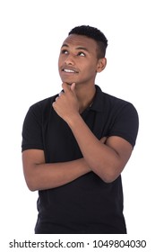 A Young Man Standing Hand On Chin Thinking And Looking Up Smiling, Isolated On A White Background.