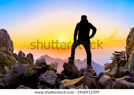 Similar – Image, Stock Photo silhouette of man with suitcase at sunrise