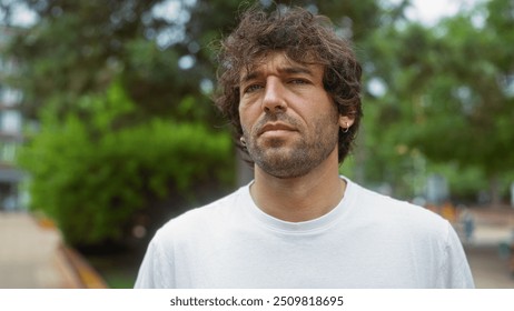 Young man standing in an urban park, looking thoughtful and handsome, with greenery in the background - Powered by Shutterstock