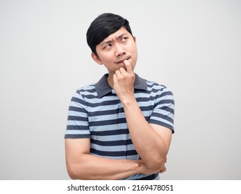 Young Man Striped Shirt Gritted Teeth Serious Thinking Portrait