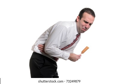 A Young Man Suffering From Food Poisoning From Eating A Bad Corn Dog, Isolated Against A White Background.