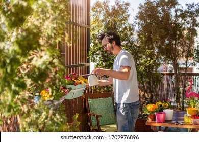 Young man taking care of his plants on the balcony

