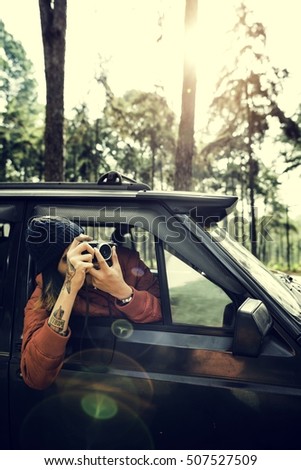 Similar – Image, Stock Photo Woman looking through the binoculars and friend driving