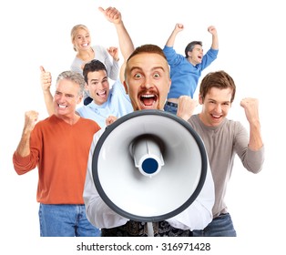Young man talking in loud-hailer and group of happy people. - Shutterstock ID 316971428