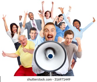 Young man talking in loud-hailer and group of happy people. - Shutterstock ID 316971449