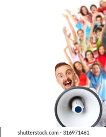 Young man talking in loud-hailer and group of happy people. - Shutterstock ID 316971461