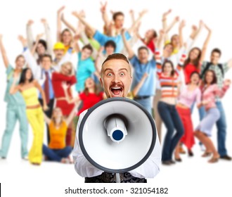 Young man talking in loud-hailer and group of happy people. - Shutterstock ID 321054182