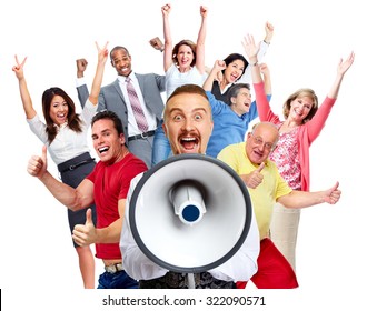 Young man talking in loud-hailer and group of happy people. - Shutterstock ID 322090571