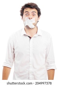 Young Man With Tape Over His Mouth