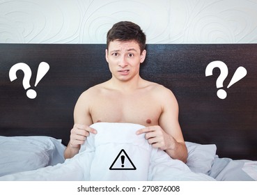 Young man thinking about impotency problems and wondering about prostate trouble , Rejected man feeling shame of his erection failure